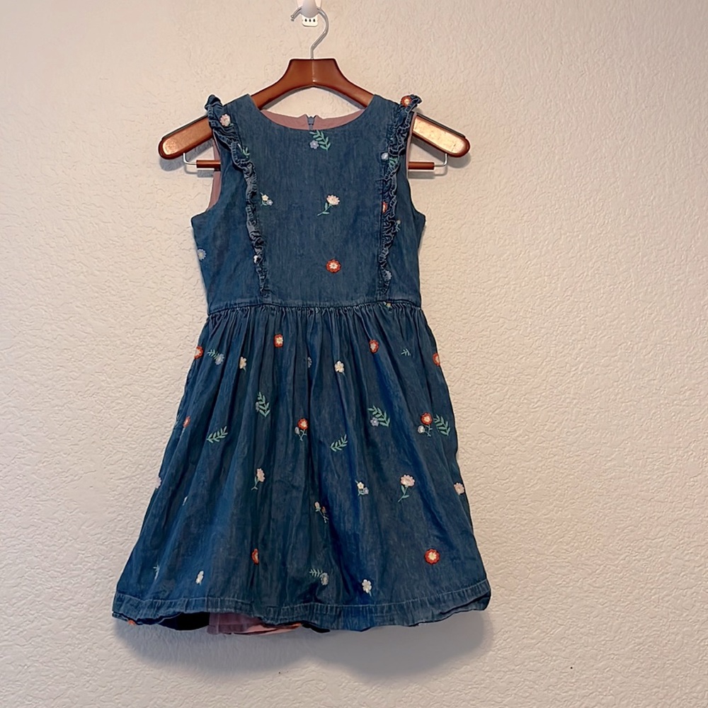 Mini Boden Denim Chambray Floral Embroidered Dress